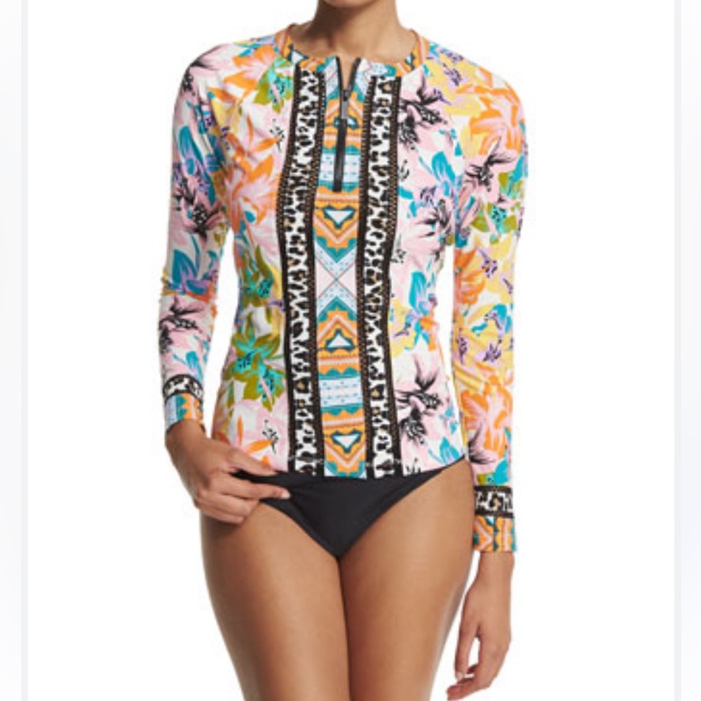 Nanette Lepore Copa Cubana 1/4 Zip Long Sleeve Floral Rashguard Size Large